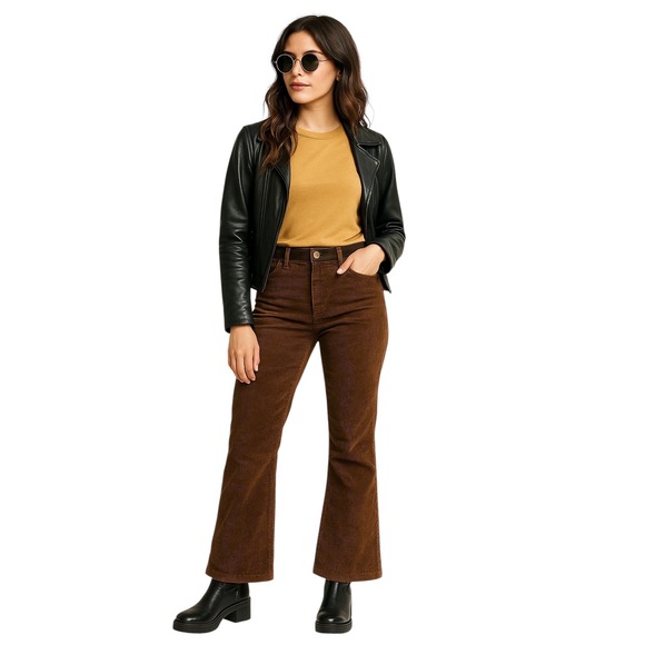 Corduroy Flare Leg Trousers Brown Pants, Casual Career Style Women's - Picture 1 of 7